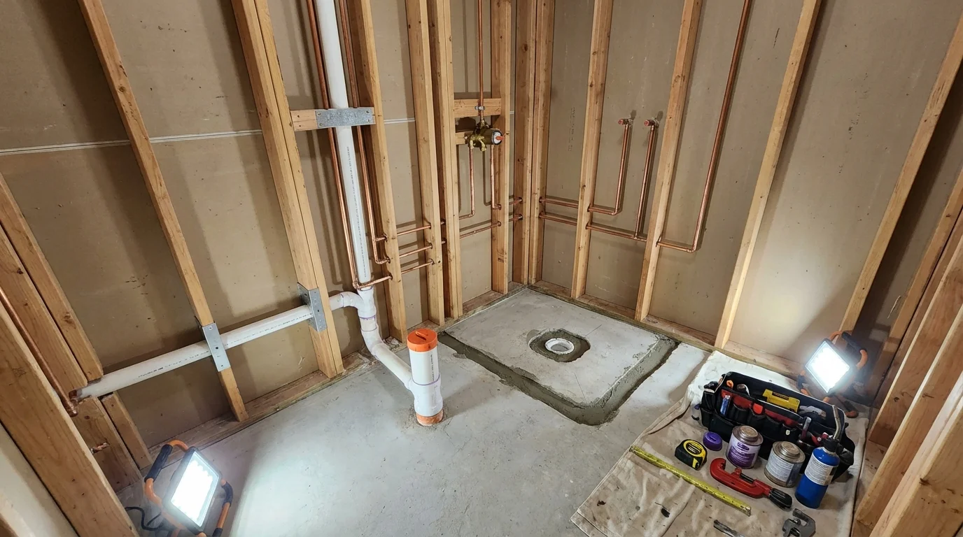 Bathroom rough-in plumbing during remodel by Johns Plumbing LLC in Royse City
