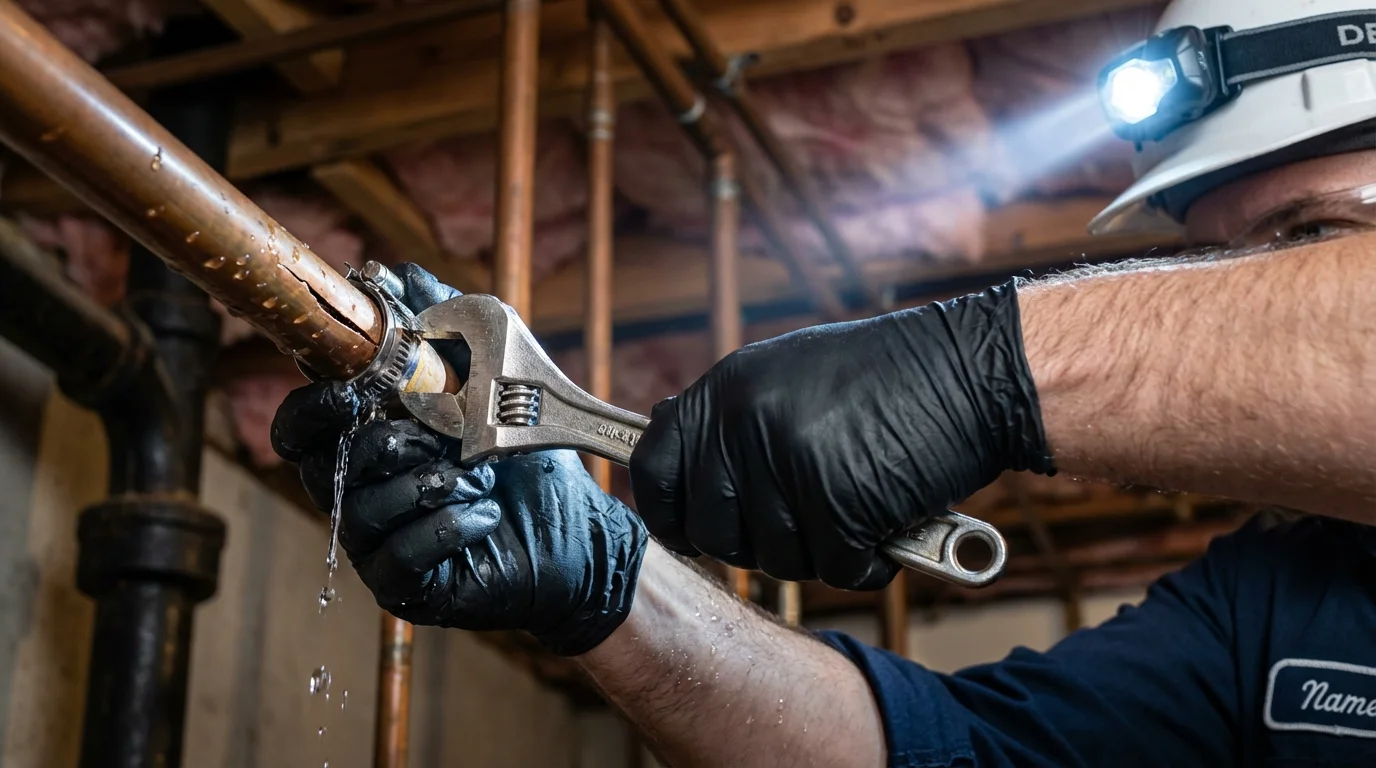 Emergency pipe clamp repair being performed by a Johns Plumbing LLC plumber in Royse City