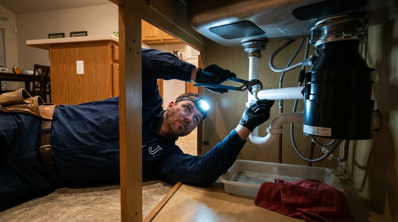 P-trap and supply line connections under a kitchen sink showing a common leak point in Royse City, TX
